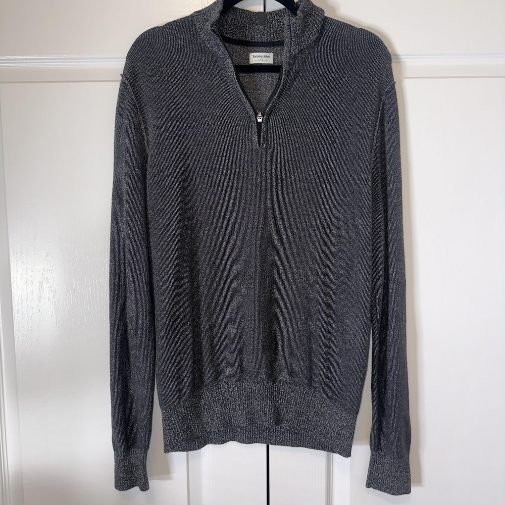 Tommy John Sweater Mens XL Gray Mock Neck 1/4 Zip Cotton Modal Knit Pullover